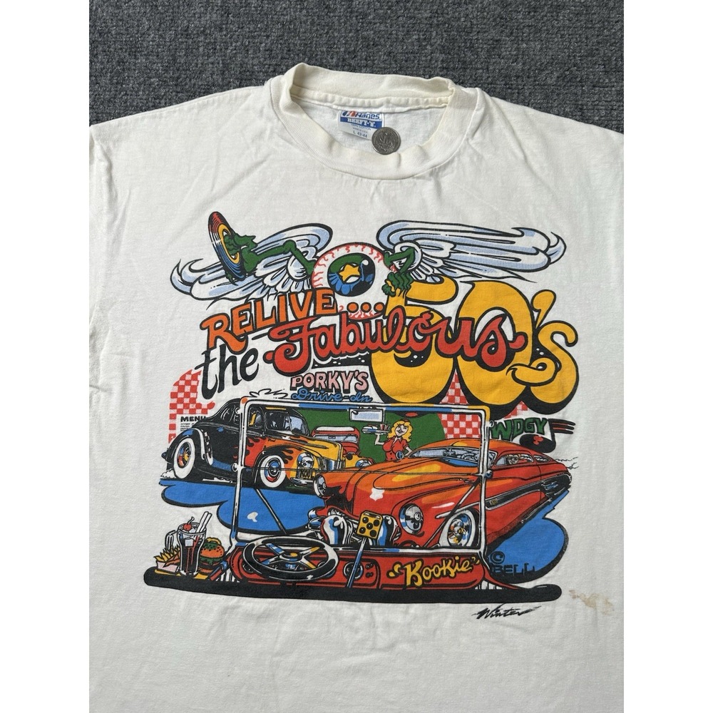 Mens Graphic Hanes Beefy-T Porkys Fabulous 50s White T Shirt, Size L - Picture 2 of 7